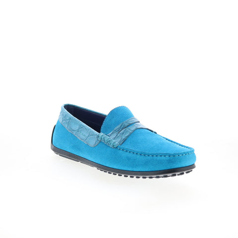 Zelli Italia Monza Suede Calfskin Crocodile Mens Blue Loafers Penny Shoes