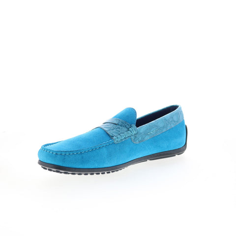 Zelli Italia Monza Suede Calfskin Crocodile Mens Blue Loafers Penny Shoes