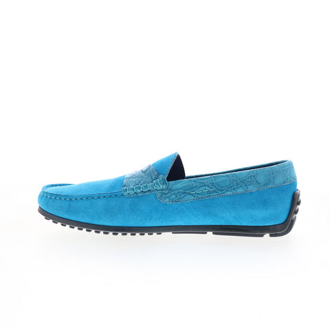 Zelli Italia Monza Suede Calfskin Crocodile Mens Blue Loafers Penny Shoes