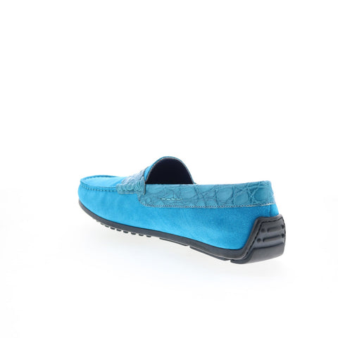 Zelli Italia Monza Suede Calfskin Crocodile Mens Blue Loafers Penny Shoes