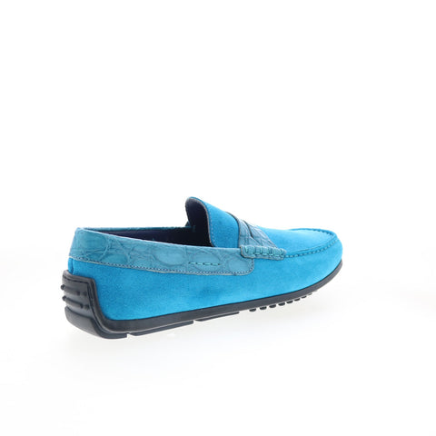 Zelli Italia Monza Suede Calfskin Crocodile Mens Blue Loafers Penny Shoes