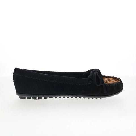Minnetonka Kilty W Fabric Plug 349FP Womens Black Suede Loafer Flats Shoes