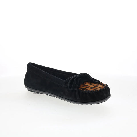 Minnetonka Kilty W Fabric Plug 349FP Womens Black Suede Loafer Flats Shoes