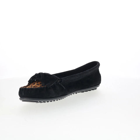 Minnetonka Kilty W Fabric Plug 349FP Womens Black Suede Loafer Flats Shoes