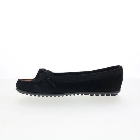 Minnetonka Kilty W Fabric Plug 349FP Womens Black Suede Loafer Flats Shoes