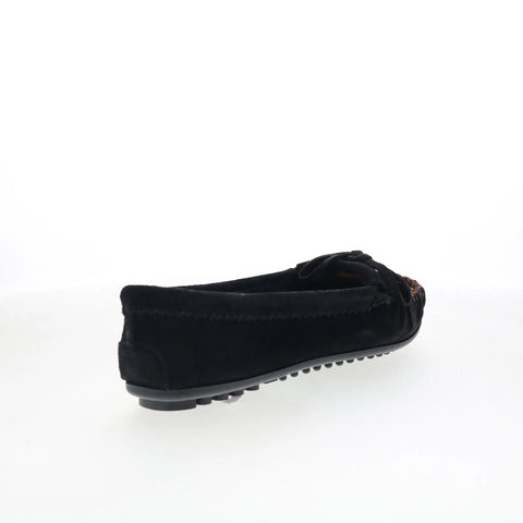Minnetonka Kilty W Fabric Plug 349FP Womens Black Suede Loafer Flats Shoes