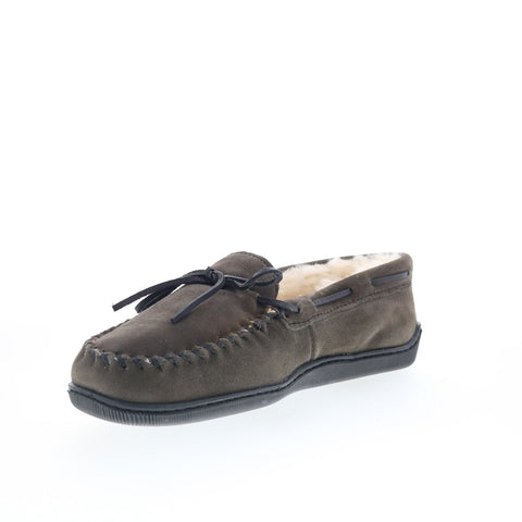 Minnetonka Sheepskin Hardsole 3749WH-GRY Mens Gray Loafer Slippers Shoes