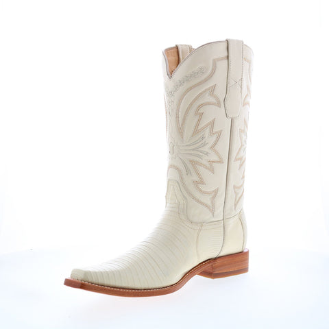 Los Altos Versace Square Toe Teju Lizard Mens Beige Wide Cowboy Western Boots