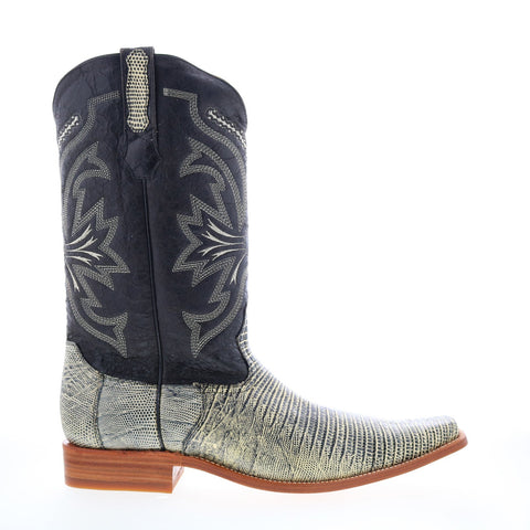 Los Altos Versace Square Toe Teju Lizard Mens Black Wide Cowboy Western Boots