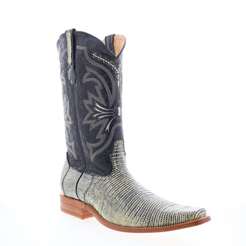 Los Altos Versace Square Toe Teju Lizard Mens Black Wide Cowboy Western Boots