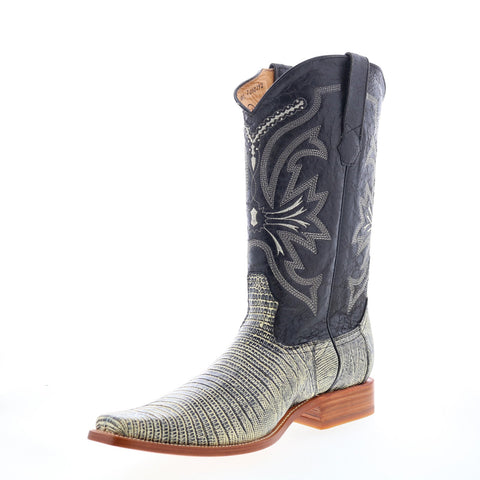 Los Altos Versace Square Toe Teju Lizard Mens Black Wide Cowboy Western Boots