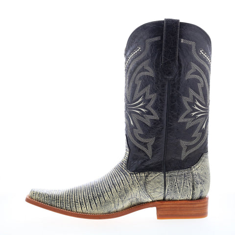 Los Altos Versace Square Toe Teju Lizard Mens Black Wide Cowboy Western Boots