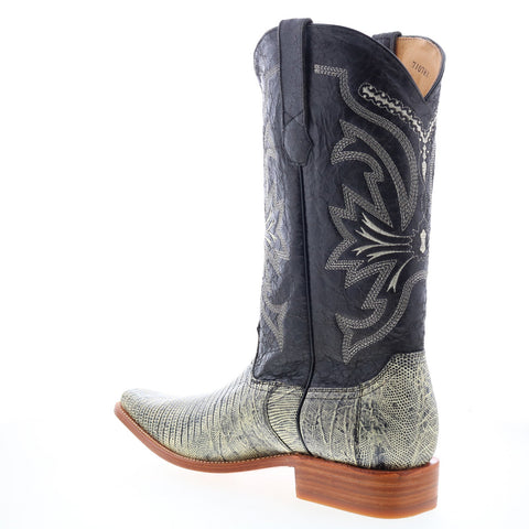 Los Altos Versace Square Toe Teju Lizard Mens Black Wide Cowboy Western Boots