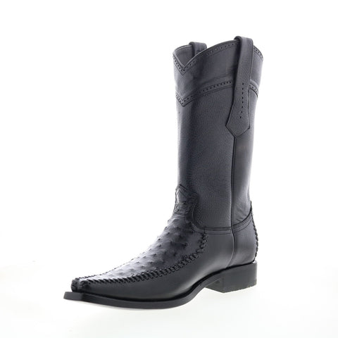 Los Altos Square Toe Ostrich Deer Stitch Mens Black Wide Cowboy Western Boots
