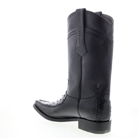 Los Altos Square Toe Ostrich Deer Stitch Mens Black Wide Cowboy Western Boots