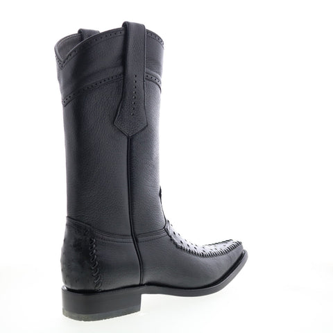 Los Altos Square Toe Ostrich Deer Stitch Mens Black Wide Cowboy Western Boots