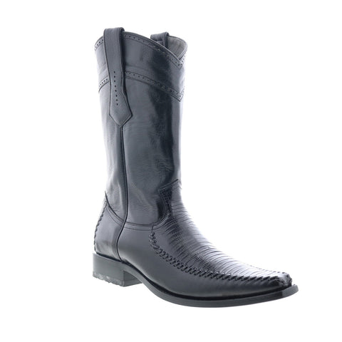 Los Altos Narrow Square Toe Teju Lizard Mens Black Wide Cowboy Western Boots