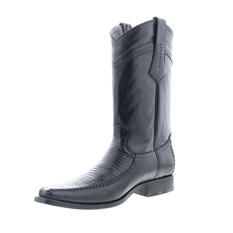 Los Altos Narrow Square Toe Teju Lizard Mens Black Wide Cowboy Western Boots