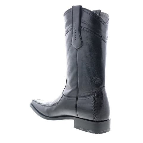 Los Altos European Square Toe Teju Lizard Mens Black Wide Cowboy Western Boots