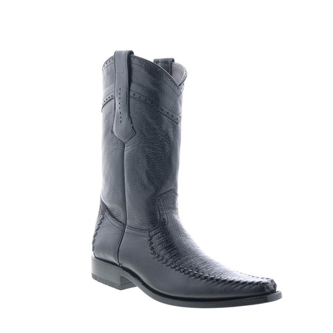 Los Altos Square Toe Teju Lizard Mens Black Wide Cowboy Western Boots