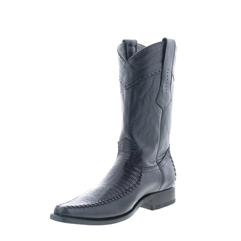 Los Altos Square Toe Teju Lizard Mens Black Wide Cowboy Western Boots