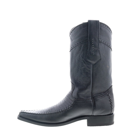 Los Altos Square Toe Teju Lizard Mens Black Wide Cowboy Western Boots