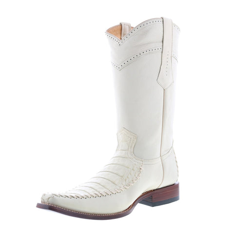 Los Altos Square Toe Caiman Belly Mens White Wide Cowboy Western Boots