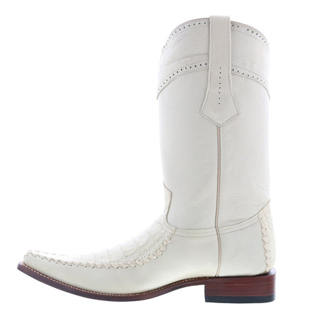 Los Altos Square Toe Caiman Belly Mens White Wide Cowboy Western Boots