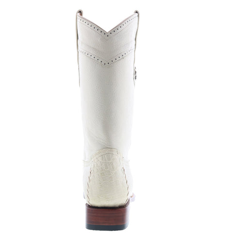 Los Altos Square Toe Caiman Belly Mens White Wide Cowboy Western Boots
