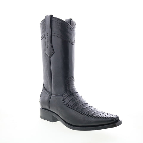 Los Altos Square Toe Belly Deer Print Mens Black Wide Cowboy Western Boots