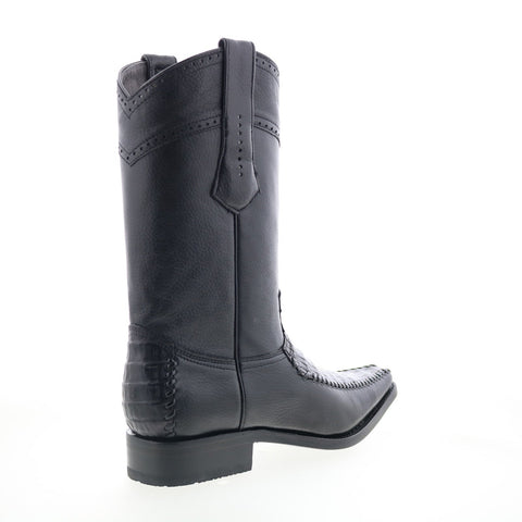 Los Altos Square Toe Belly Deer Print Mens Black Wide Cowboy Western Boots