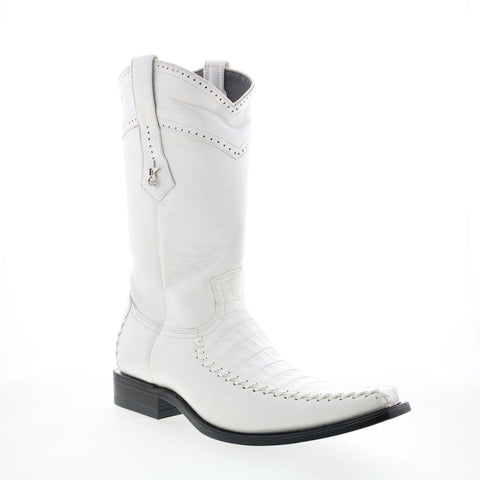 Los Altos Square Toe Caiman Cut Belly Mens White Wide Cowboy Western Boots