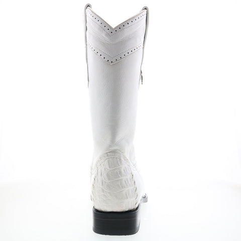 Los Altos Square Toe Caiman Cut Belly Mens White Wide Cowboy Western Boots