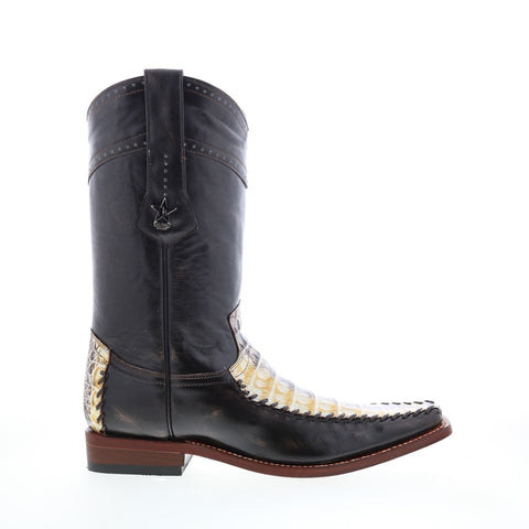 Los Altos Square Toe Caiman Belly Mens Black Wide Cowboy Western Boots