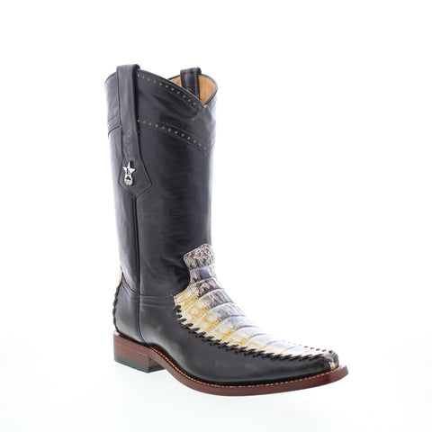 Los Altos Square Toe Caiman Belly Mens Black Wide Cowboy Western Boots