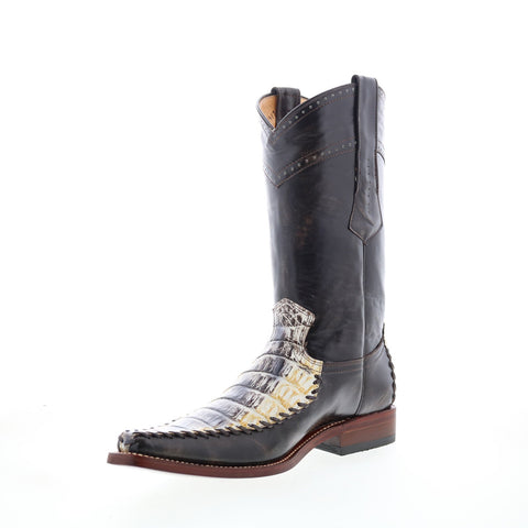 Los Altos Square Toe Caiman Belly Mens Black Wide Cowboy Western Boots