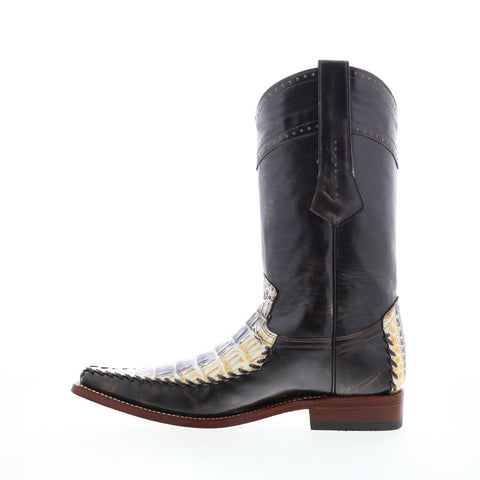 Los Altos Square Toe Caiman Belly Mens Black Wide Cowboy Western Boots