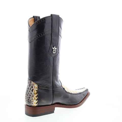 Los Altos Square Toe Caiman Belly Mens Black Wide Cowboy Western Boots