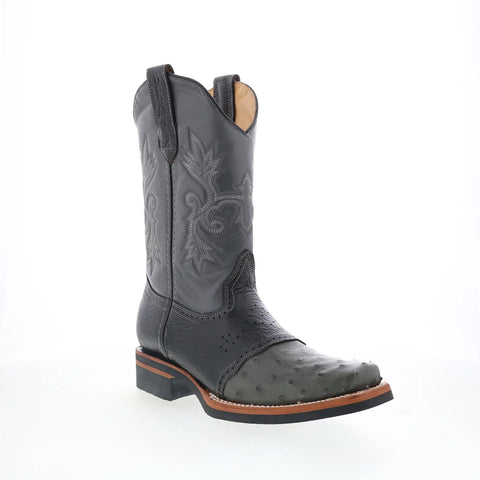 King Exotic Ostrich Saddle Mid Square Rubber Sole Mens Gray Wide Cowboy Western Boots