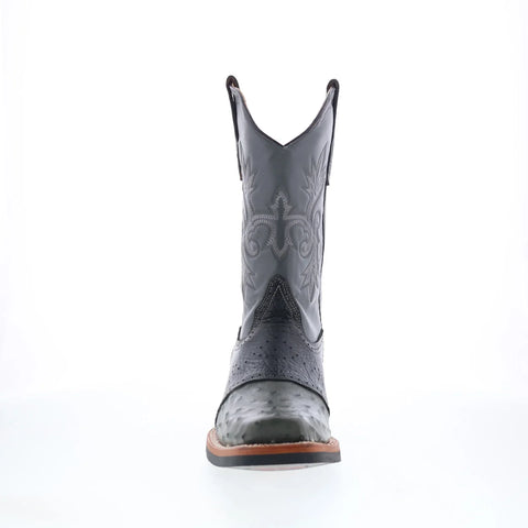 King Exotic Ostrich Saddle Mid Square Rubber Sole Mens Gray Wide Cowboy Western Boots