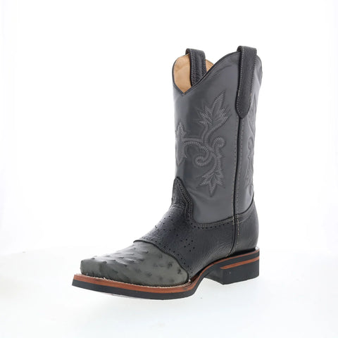 King Exotic Ostrich Saddle Mid Square Rubber Sole Mens Gray Wide Cowboy Western Boots