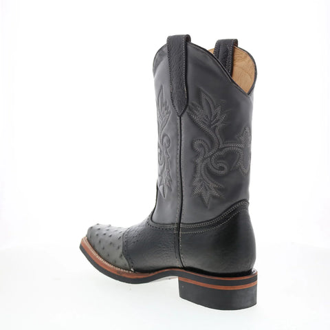 King Exotic Ostrich Saddle Mid Square Rubber Sole Mens Gray Wide Cowboy Western Boots