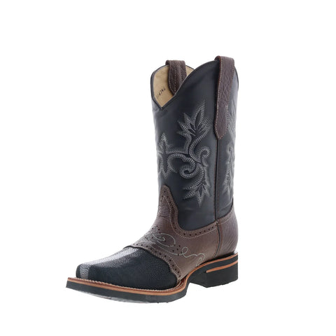 King Exotic R-Stone Finish Saddle Mid Square Leather Sole Mens Black Wide Cowboy Western Boots
