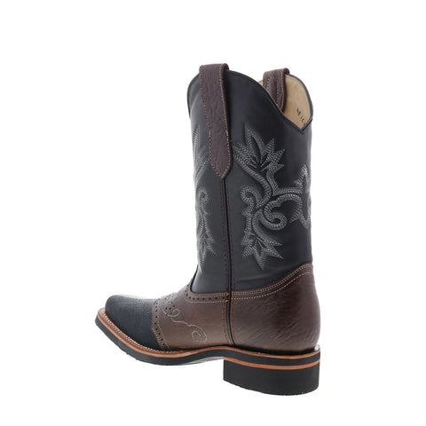 King Exotic R-Stone Finish Saddle Mid Square Leather Sole Mens Black Wide Cowboy Western Boots