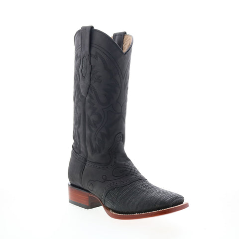 Los Altos Square Toe Teju Lizard Saddle Mens Black Wide Cowboy Western Boots