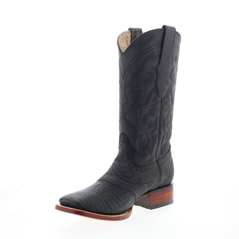 Los Altos Wide Square Toe Teju Lizard Mens Black Wide Cowboy Western Boots