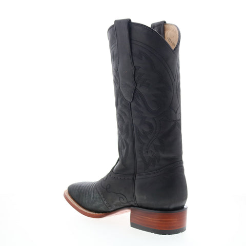 Los Altos Square Toe Teju Lizard Saddle Mens Black Wide Cowboy Western Boots