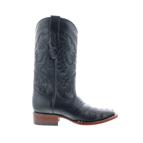 Los Altos Square Toe Caiman Belly Saddle Mens Black Cowboy Western Boots