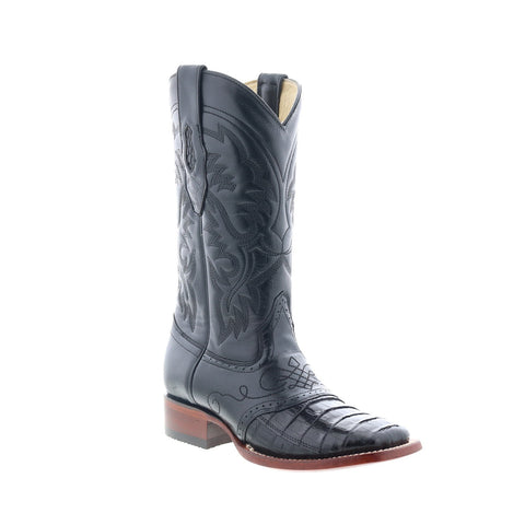 Los Altos Square Toe Caiman Belly Saddle Mens Black Wide Cowboy Western Boots