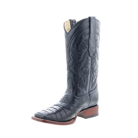 Los Altos Square Toe Caiman Belly Saddle Mens Black Cowboy Western Boots